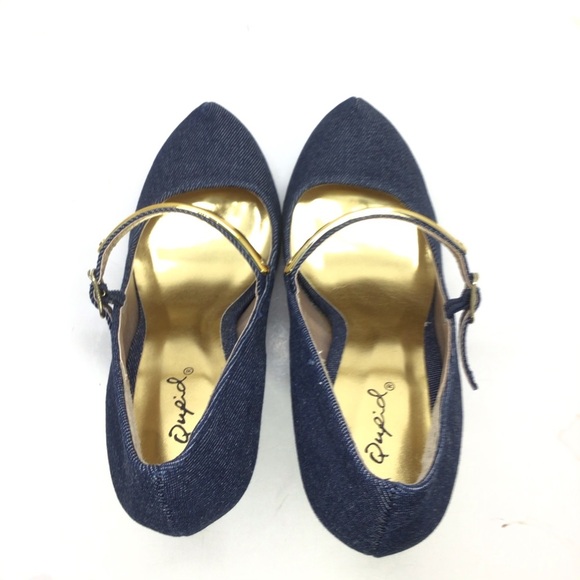 Qupid Denim Platform Metallic Mary Jane Stilettos - Picture 8 of 12